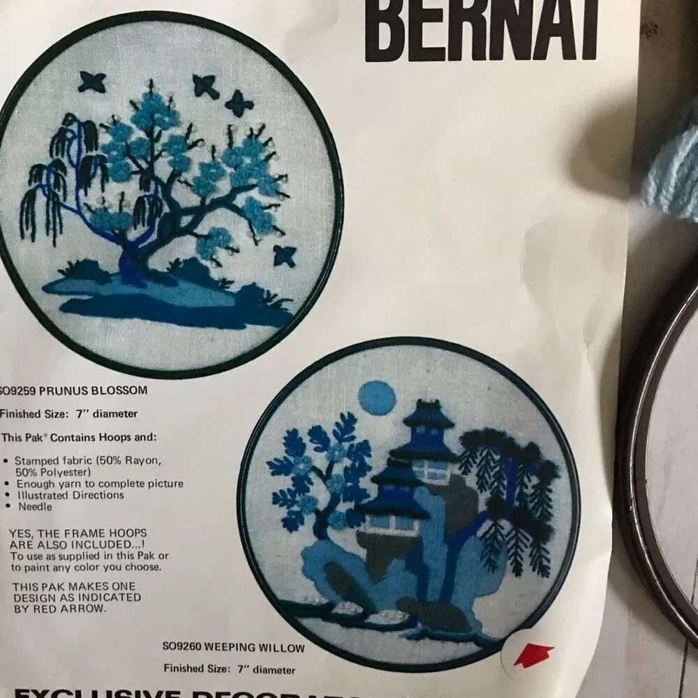 Bernat Stitchery Kit SO9259 Prunus Blossom Weeping Willow 7" Round 1978 Open Pkg